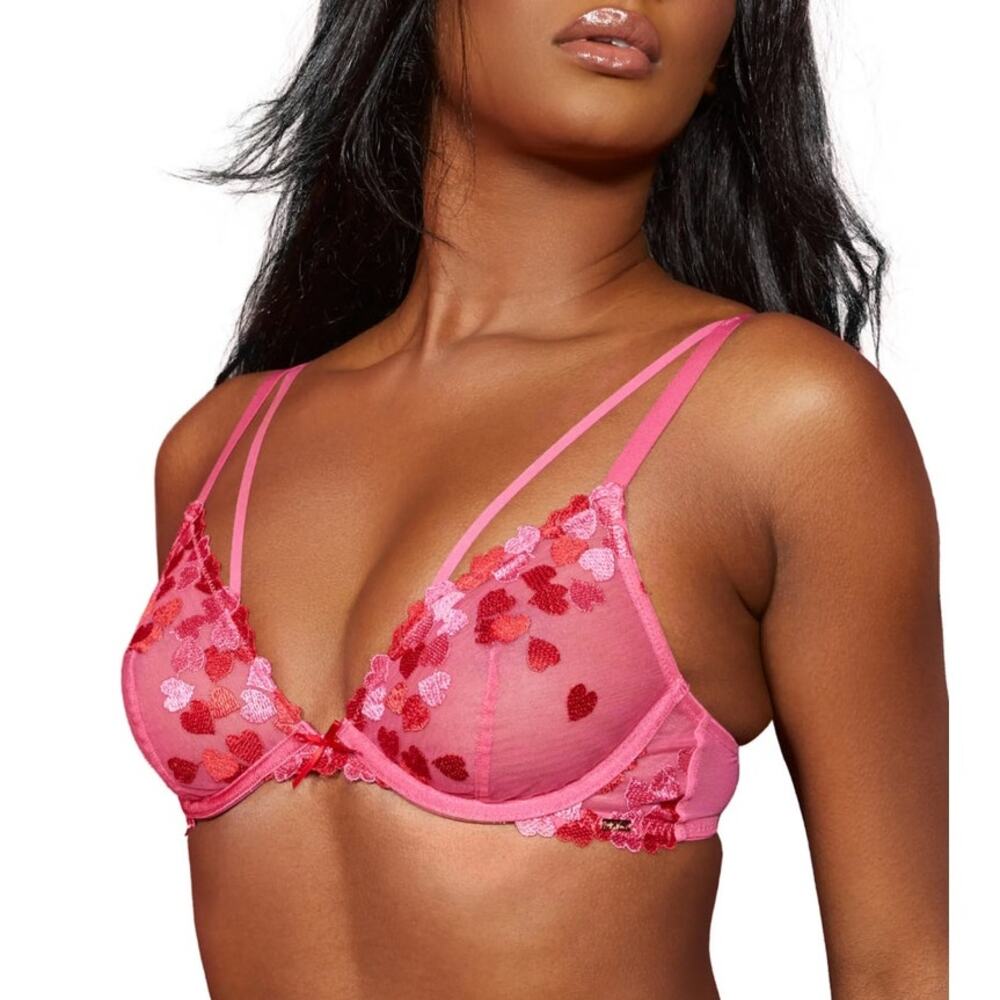 Love Vera New Embroidered Heart Strappy Underwire Bra Pink Size 34DDD
